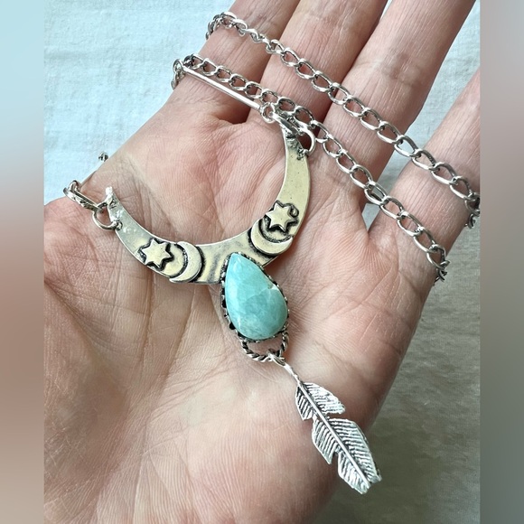Jewelry - 925 Flawed Boho Caribbean Larimar Feather Pendant Necklace